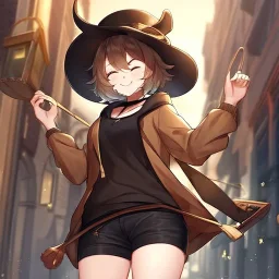 Clear focus, High resolution, short brown spiky hair, hair between eyes, eyes closed, wearing a brown detective hat, wearing a brown jacket and a black shirt, wearing black shorts, 1girl, pulling hat down, smiling, wearing a oversized hoodie