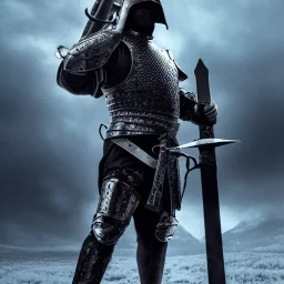 Man standing. Heavy armor. Sword in hand. Dark theme. Medieval castle.