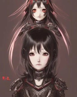 Detailed anime child girl, dark brown hair, black and red dragon scale armour, intricate details, full body portrait, keep head in frame, slight smile, black Japanese motif, concept art, highly detailed, digital painting, concept art, sharp focus, illustration, art by Yoji Shinkawa, WLOP and greg rutkowski and alphonse mucha and artgerm and yanjun Chen and Junji ito and Makoto Shinkai, HDR, octane render