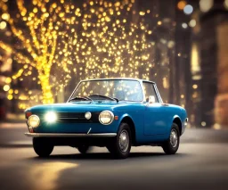 fiat 125p, city. high speed. bokeh. lens flare. warm lights. high detailed. oil on canvas