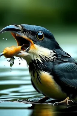 Generate an image of bird who is in water having fish in his mouth with real views