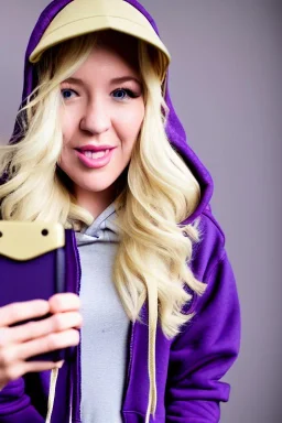 blonde taking selfie.thick thighs,thick calves,flat belly,curvy fell. NOVEL kind of hoodie, form which condescends with integrated bag[SIC]. It is sewed together of camouflage pieces, whose color are all denim colors,cream, brown and purple. Big colored headphones (gold rings!) is merged with small felt cap with small visor. Big bright purple felt tippet and birght-colored-hood is merged with colorful beanie. Inside is orange. Style: 1990's Finland