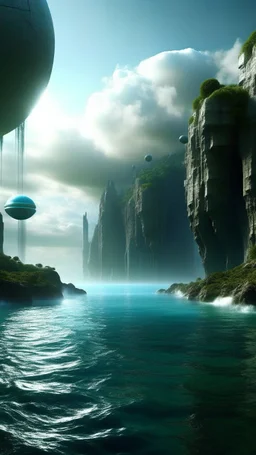 sci fi planet, futuristic city, ocean, waterfalls, canals