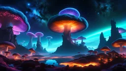 "Vast, ethereal spacescape, floating space islands connected by glowing mycelium network, giant cosmic mushrooms, bioluminescent flora, nebulae, magical, deep colors. 8k, Artstation."