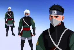 Kakashi Hatake, Shinobi, white tall hair, black face mask, black naruto ninja headband, Left eye red, Green military-style vest,