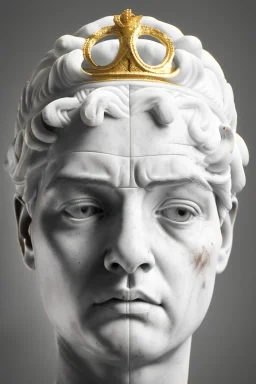 Ultra Realistic image, classic sculpture, white marble material, Maradona, gold crown of natural thorns, god crown, gold veins, gold ornaments, sun rays background, waist up portrait, epic, celestial, cinematic lighting, God lights, 4k resolution, smooth details, soft lighting, unreal engine 5, art station, substance 3d.