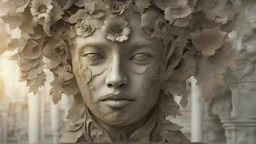 face that re-emerges among iron flowers and marble leaves, showing intricate textures and lighting effects
