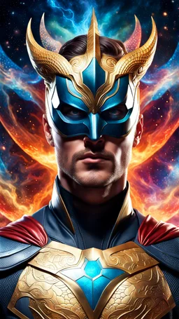 Full body ultra realistic photo of superhero man with stylized dragon mask over his eyes and forehead cosmic energy, colorful, painting burst, beautiful symmetrical face, nonchalant kind look, realistic round eyes, tone mapped, intricate, elegant, highly detailed, digital painting, artstation, concept art, smooth, sharp focus, illustration, dreamy magical atmosphere, full body