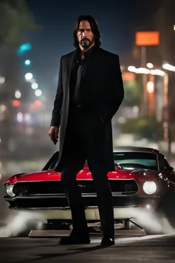A hyper-realistic, John Wick, standing tall in the shadows of a 1969 Ford Mustang Boss 429, his face illuminated by the streetlights., HOF, captured with professional DSLR camera ,8k, ultra detailed, colourfooll