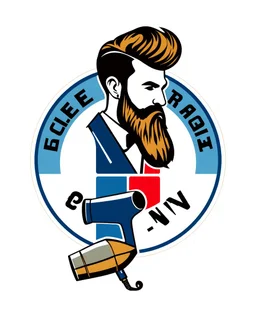 A round logo for a men's grooming salon with a groom vector at the top of the logo and a hair dryer vector logo at the bottom in a blue, red, white, and gold color theme.