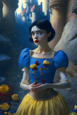 4K Ultra-HD, Hyper realistic, cinematic lighting -- Snow White, short, bowl-cut black hair, blue eyes, Yellow skirt, blue blouse with short poofy sleeves, extremely pail skin, Rose pedals, wild animals, Castle, Full body image -- 4k, stunning, dramatic lighting, dramatic background, cinematic, atmospheric, very detailed, historic, powerful, octane rendering, exquisite detail, 30 - megapixel, 4k, 85 - mm - lens, sharp - focus, intricately - detailed, long exposure time, f8, ISO 100, shutter - s