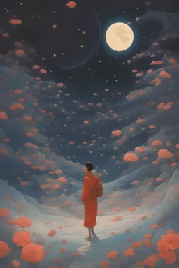 James Jean, Takeo Takei, Surreal, mysterious, strange, fantastical, fantasy, sci-fi, Japanese anime, catching a comet with a bug net, crescent moon, crystal clear night sky, detailed masterpiece