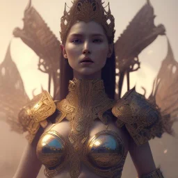 badass female goddess of war, very beautiful figure, wearing hyper detailed armor,extraordinary, sharp focus,macro lens, intricate filigree metal design, full body portrait, cinematic, unreal engine 5, 8k, hyper realistic. Volumetric lighting, unreal engine 5 ,hyper elegant,hyperphotorealistic, epic composition,bokeh, cinematic lighting, hyperphotomaximalist, masterpiece