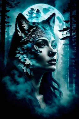 double exposure stunning woman-wolf hybrid portait, forest, moon, smoke, ultra-high detailed, deep dark colors, dark fantasy, intricate detail, cinematic, masterpiece, sharp focus, dark ethereal fantasy, hyperdetailed, atmospheric , dark surreal fantasy