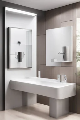 create poster of an elegant and sleek bathroom design, with a futuristic touch, showcasing a wall-mounted automatic soap dispenser next to a sleek contemporary wash basin cabin. The dispenser releases a stream of liquid soap, captured mid-air, while a hand reaches out to catch it. The overall style is modern and minimalistic, with clean lines and a monochromatic color palette. The image is captured using a high-resolution camera to highlight the intricate details of the design. This poster would