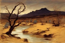 Dry trees, night, arid land, vegetations, rocks, little river, mountains, philip wilson steer impressionism painting