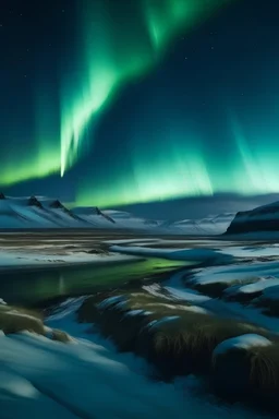 A breathtaking view of the Northern Lights shimmering over a snowy Icelandic landscape