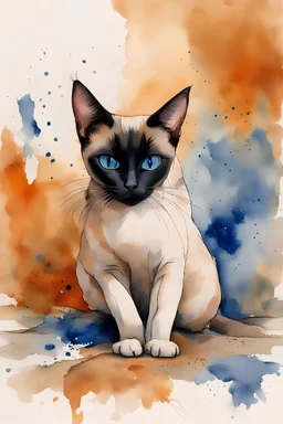 painting of a siamese cat with a black snout and blue eyes crouching on the ground, lying under a piece of fabric, peeking out from underneath, lurking, the cat is in the centre of the picture taking up only one third of the image, in watercolour, in the background an orange wall, splatter, art, aquarell, pastell, ink, soft, lots of white negative space around the outside of the picture, white outlines, full shot