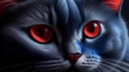 hyper realistic drawing of a cat, black furr, grey eyes, chubby, close up of the face, stares in the camera, red and blue light, highlights the furr and face, high details