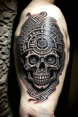 Shape of a labyrinth in a skull a new age tattoo style