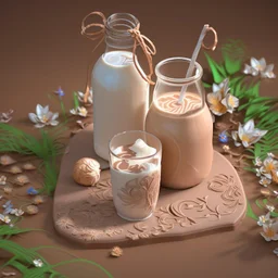 Choccy Milk, Intricately detailed image of Choccy Milk, 3D glow, light particles, ray tracing, garden with flowers, hyper-detailed, dslr shot, shot by MSchiffer, 32k, best quality