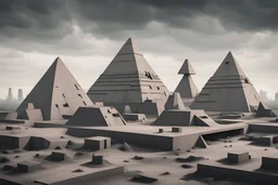 Totalitarian concrete brutalist city skyline with pyramids