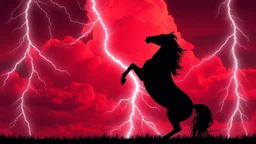 full silhouette of a horse rearing up(on right, facing left, outlined by lightning), red cloudy sky, lightning bolts(from top left, to bottom right), digital illustration
