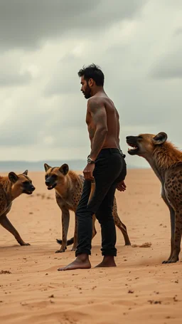 A man standing in the desert sands surrounded by hyenas try to attack him and he is trying to defend himself one of the hyenas attack him from the back stormy weather and cloudy gray depressive rnverment