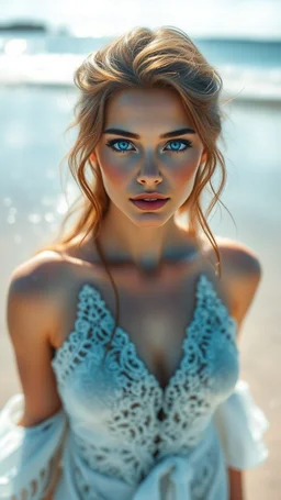 At the background of a beach stands a beauty with blue eyes, surrounded by light and creating an atmosphere of magic and harmony.