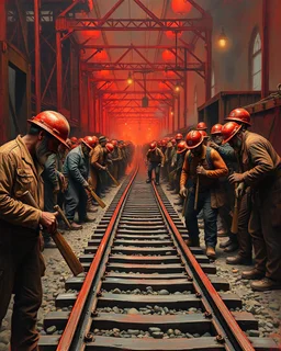 Bosch painting style ,nightmare, a lot of blacksmiths and construction workers holding shavles and construction tools working on train tracks building and digging and moving a train tracks all red
