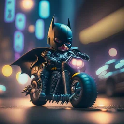 A Sharp Kawaii tiny hyper realistic baby batman riding mini harley davidson, wearing bikers clothes with freestyle action, night of cyberpunk city background. wide angle full body, 8k, Cinematography, photorealistic,epic composition Unreal Engine,Cinematic, Color Grading, Portrait Photography,Ultra-Wide Angle, Depth of Field, hyper detailed