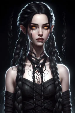 Young beautiful female Hexblood character . Bright glowing pale eyes. Long, thick, silky jet-black hair reaching her waist, with a center part and two loose Dutch braids starting at her temples, flowing into the rest of her straight hair. A few soft strands frame her face. Thin dark vine-like markings spread across neck and collarbone as a sign of an ancient curse.