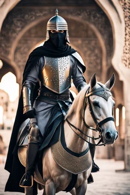 Arab cyborg warrior Full Body Full Armored helmet,Wearing Face Mask Iron Masculine Mysterious Powerful Fantasy High Quality clothes,driving on horse,islamic city background