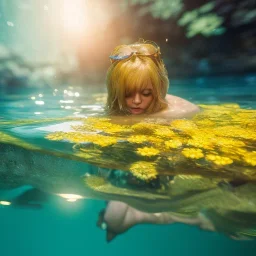 Goldie Hawn underwater with yellow flowers for hair, closed eyes, rtx, reflection, 8k, glow, winning photography, caustics