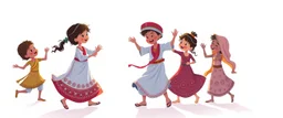 illustration of ethnic children playing and dancing. fantastic lighting, chaabi children's book proportions, on a light background