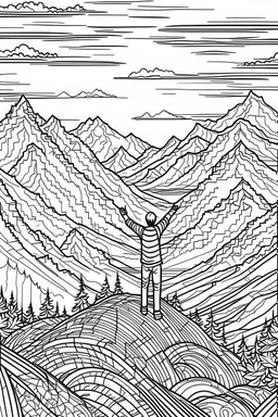 A person standing on a mountaintop, arms outstretched.coloring book page, simple and clean line art, adult drawing book, black and white, crisp black lines, no shades, sharp lines, coloring book for adults, cartoon style, landscape