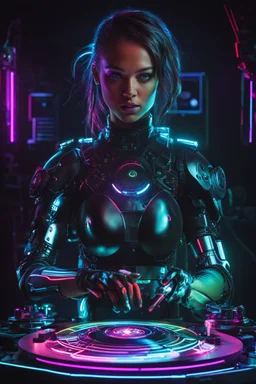 Cyborg Girl playing turntable dj pleyer in a dark neon room