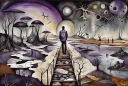 inner world this atypical world, in midle an alone human figure with a big map his hands in weird alternative clothes stands on the thin bridge , weird whimsical landscape, forest, and Sahara water and rocks,, around surreal cracked painted weird land with some black doors. dark purple, gray, black, white, brown. Whimsical style of Chagall , of Minjae Lee and Anton Semenov, lonely with absurd beauty. broken, weird bizarr,e absurd nightmare, neuron network background, surreal vibe