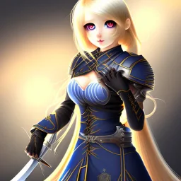 blond anime girl with dark blue eyes holding sword, full body view