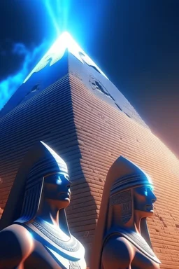 Egyptians with the hair standing straight up in front of Egyptian pyramid. 4 k, down light, depth of field, trending art, spray paint, high detail, fantasy art, alien connection, future tech