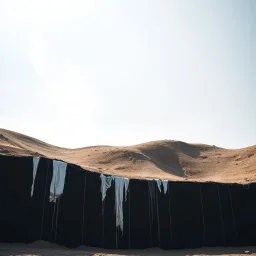 Photograph, hills, bright reflective aluminum cover, brutalist, rags, daylight, muro di cemento nero ruvido, brutalist, umidità, cielo plumbeo, liquid, open air museum style, corde, apparecchi elettronici, powder, minimalist, details of the dust very accentuated, deep 3d field