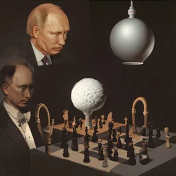 Putin, President Xi Of China And Joe Biden Play Chess between lights and shadow With A Pigeon,And Atomic Bomb Mushroom Cloud,Complex Surgical Instruments Intermixed With A Newborn Boy,Minimalism,Painting By Adrian Ghenie,Rene Magritte,Pablo Picasso,Michelangelo,Salvador Dali,Lucian Freud