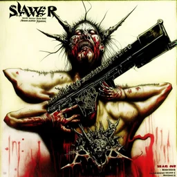 "SLAYER" heavy metal art illustration, Grotesque gun picture, Release the slide to cleanse inside- Prepare to anoint Snap the tongue in groove discharged- To make my hallowed point; double exposure, unsettling, surreal, sinister, profound, dramatic, by Jonathan Meese and Santiago Caruso, text "SLAYER"