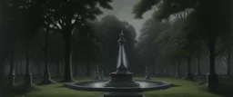 A dark gray park with a mystical fountain painted by Francis Danby