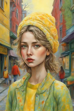 pretty girl with a beautiful clear ultra detailed serene face walking on the street inspired by Jana Mochwan, Javek Yerka, Daniel Merriam, bright fresh color scheme with yellow, lemon green, and red color, highly contrast by Dee Nickerson extremely detailed high definition crisp quality