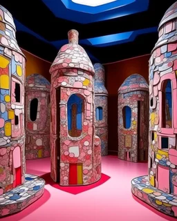 A pink castle with magic mirrors painted by Jean Dubuffet