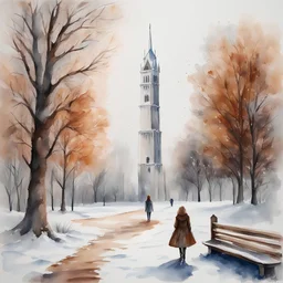"realistic" full size a woman in a snowy park walks towards a white tower. There are trees and a snow-covered bench along the path. The leaves on the trees are dry and brown. The sky is grey. watercolor wet on wet, romantic, detailed. watercolor painting wet on wet, splash, romantic, detailed, award winning, colourful, focused, nikonD850