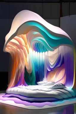 A dramatic bed, transformed into a pavilion embodying the spirit of the LGBTQ+ community, with cascading waves of water flowing gracefully through its spine.