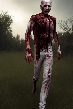 realistic image, joe biden zombie, zombie posing, arm cut and bleeding, amputated leg, night, walking with a limp, waist up view, dark ambient, highly detailed, sky background, concept art, unreal engine 5, god rays, ray tracing, RTX, lumen lighting, ultra detail, volumetric lighting, 3d, finely drawn, high definition, high resolution.