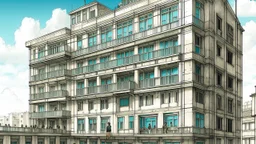 A digital artwork shows a building with several people around it, set against a light blue sky. The building is constructed with a rough, textured gray material, giving it a weathered appearance. The building has several windows and balconies, each occupied by figures. On the top balcony, a man stands looking out. Below, two women are seated on another balcony, and a person stands near the building's entrance. A woman is sitting in a convertible car parked to the right of the building. The artwo